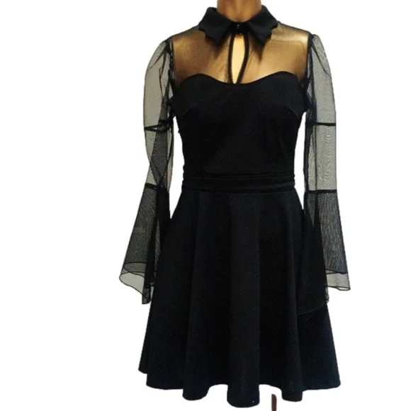 Gossamer BAT Dress Black Women's Long Sleeve Party Dress Midi Sweetheart - Picture 4 of 15